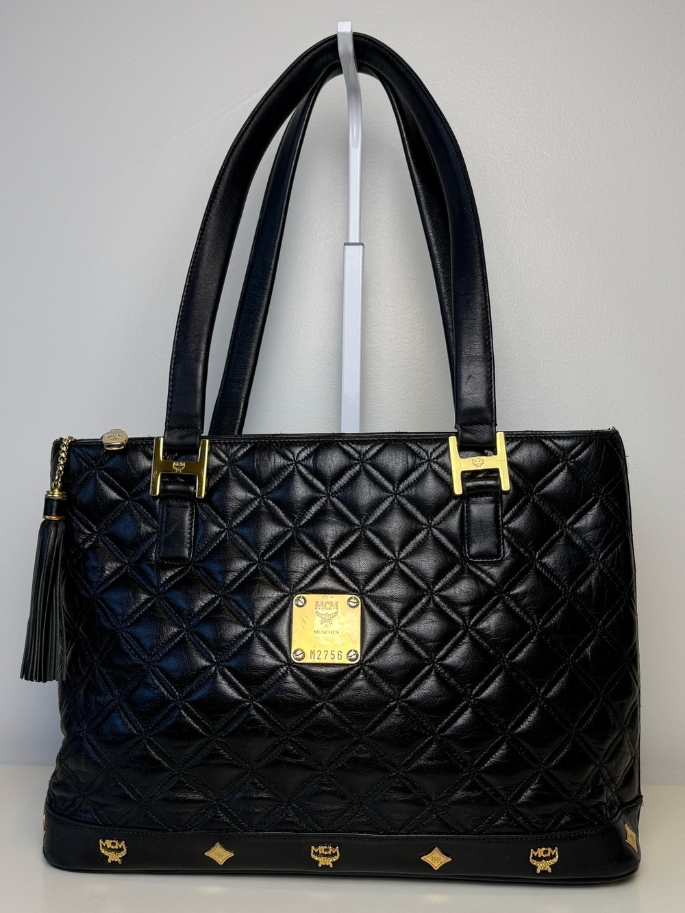 MCM Black Quilted Leather Tote with Gold Accents